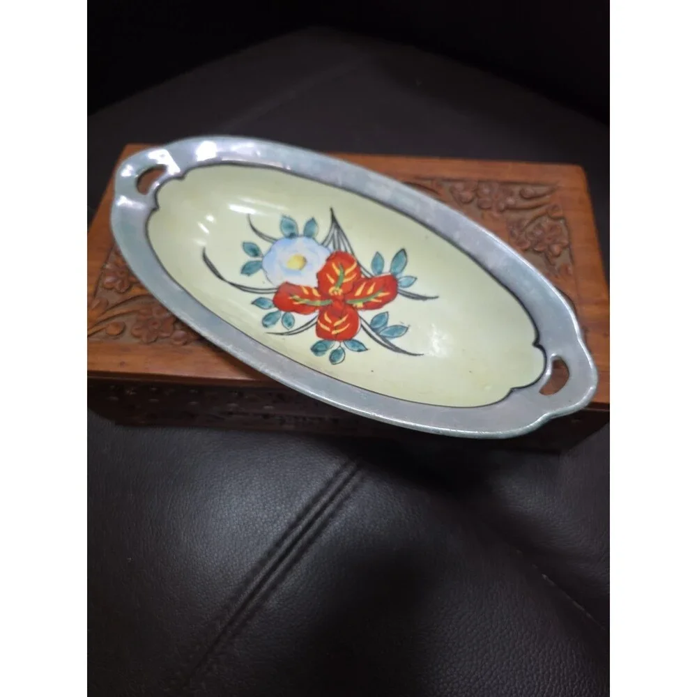 Japanese Lusterware 1920s-30s Flower Tray With Blue Luster Band
